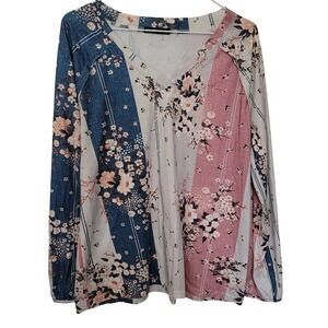 Noracora Floral Colorblock V-Neck Blouse Womens Large Pink Blue Jersey Knit Boho